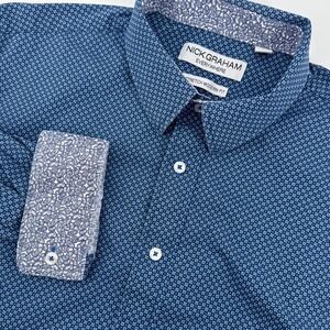 Nick Graham Everywhere Men's Blue Geometric Print Stretch Modern Fit‎ Shirt XL